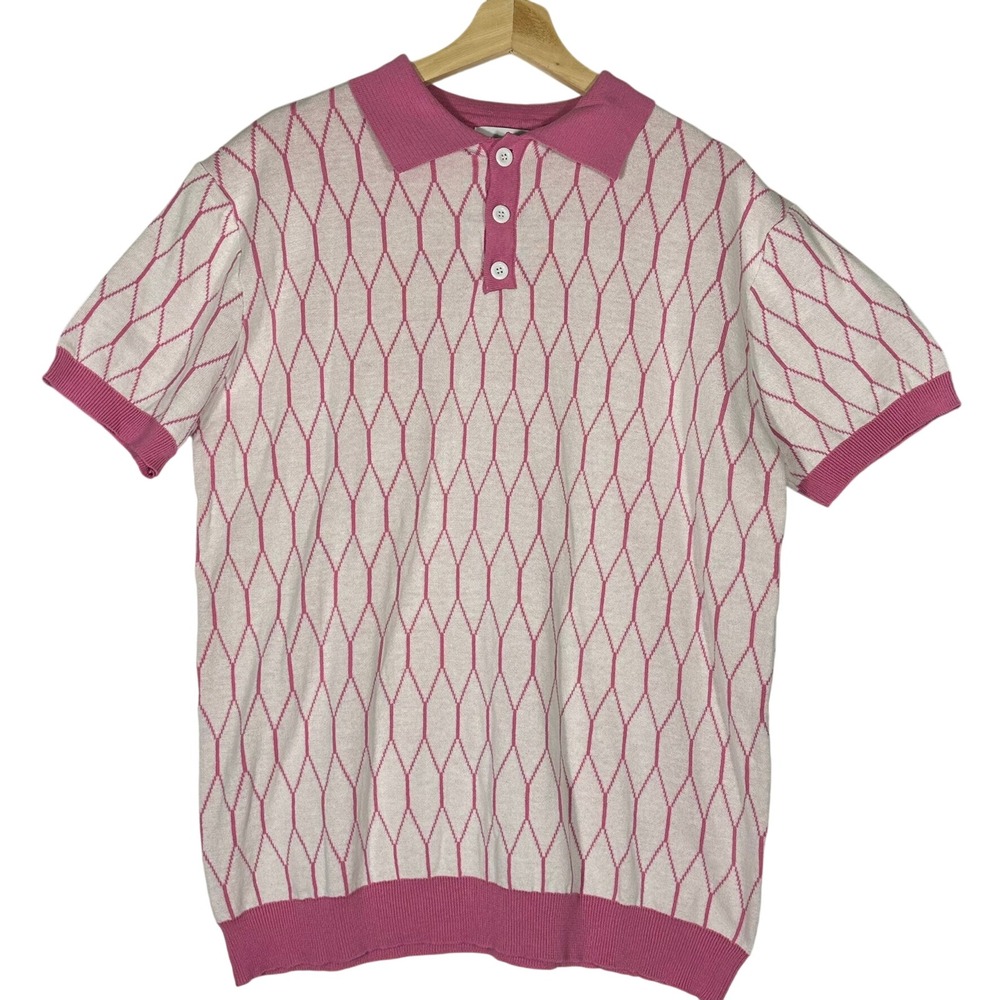 OXKNITSTORE Polo Short Sleeve Mens Knit Top Pink White, Size XL Golf Preppy - Picture 3 of 14